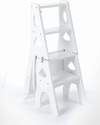 Taburete escalonado, plegable de 4 o 3 escalones, portátil, hecho de madera maciza, cuatro colores disponibles (blanco, silla) Negro -,color