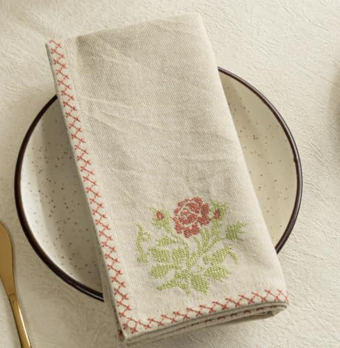 Image of R home Country Rose Premium Chambray Cotton Napkins Set of 6, 18x18 Inch, Cross Stitch Embroidered, Machine Washable & Reusable, Soft Fabric Napkins for Dining Table, Cocktails & Table Decor