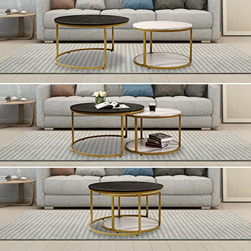 Image of NSdirect Nesting Coffee Table Set of 2,Round Coffee Tables Modern Circle Table for Living Room Accent End Side Table with Storage Open Shelf Wooden Top & Gold Sturdy Metal Frame(White&Black)
