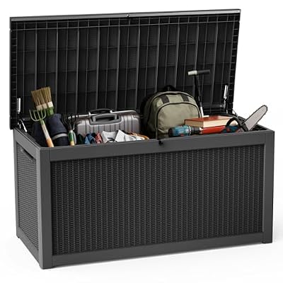 DRATO 320 Gallon Deck Box, Outdoor Large Waterproof Resin Storage Box with Lockable Lid for Patio Cushions, Gardening Tools (Black, 320 Gallon)