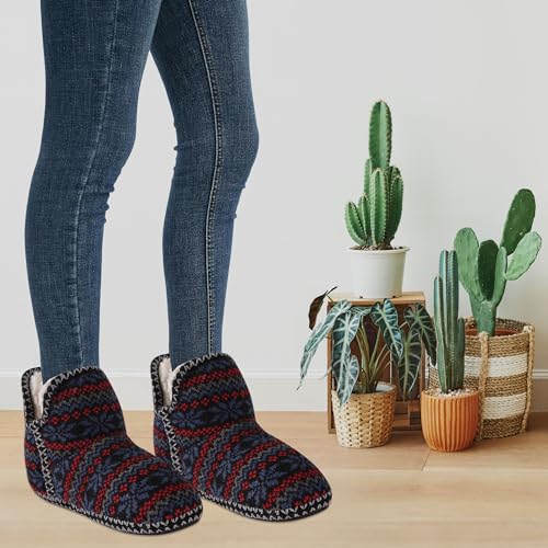 House Slippers for Women, Indoor Warm Bootie Slippers Fuzzy Plush Lining Bedroom Home Shoes Nordic Knit Slippers with Non-slip Rubber Sole2