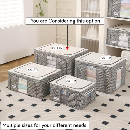 Image of HOKIPO Wardrobe Organizer Storage Box | Foldable Cloth Storage Boxes with Metal Frame & Window | 600D Oxford Fabric | 88L, Pack of 1 Charcoal Grey (AR-5930-CGRY)