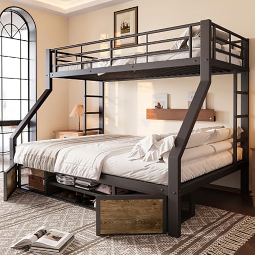 GUOMM Lettino Lettiera a Castello Bambini 90x200 140x200 con Struttura in Metallo, Armadio Scarpiera, Cassetti e Scala, Senza Materasso, Nero