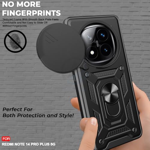 Image of AESTMO Tough Armor Redmi Note 14 Pro Plus 5G Bumper Back Case Cover | Ring Holder & Sliding Camera Shield Cover | 360 Degree Protection Back Case Cover for Redmi Note 14 Pro Plus 5G (Black)