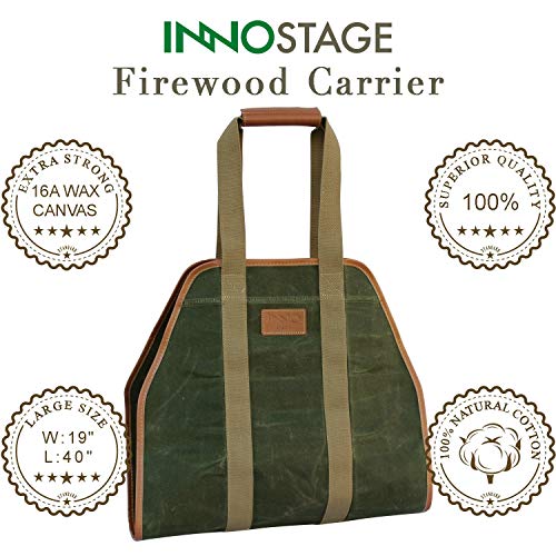 Inno Stage PB17-122 WAX GREEN Waxed Canvas Log Carrier Tote Bag,40 Inchx19 Inch Firewood Holder,Fireplace Wood Stove Accessories Green thumb #3