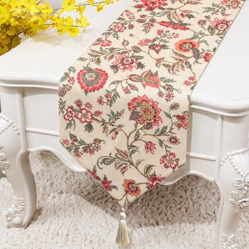 Image of COZY FURNISH Luxury Floral Table Runner for Dining Table - Soft Microfiber Cotton Table Runner with Tassels | Decorative Runner for Kitchen & Centre Table