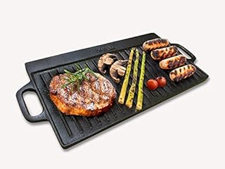 Homiu Griddle Pan Plate Cast Iron Reversible Double Sided with Non-Stick Ridged and Flat Surfaces and Integral Drip Tray for Stoves and Grills