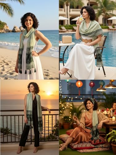 Image of KE KANHA EXPORTS Scarf for Women Premium Cotton Boho | Dual Tone Border Print Stole with Tassels | Lightweight Summer Beach Wrap 180 x 50 cm FREE Scrunchie Included