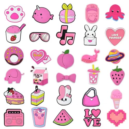 30 Pcs Shoe Charms, Cute Pink Shoe Decoration Charms for Croc Slippers Clog Slide Sandals Bracelet Wristband Party Favors Summer Gifts, Girls Women Shoe Accessories Decorating Kit