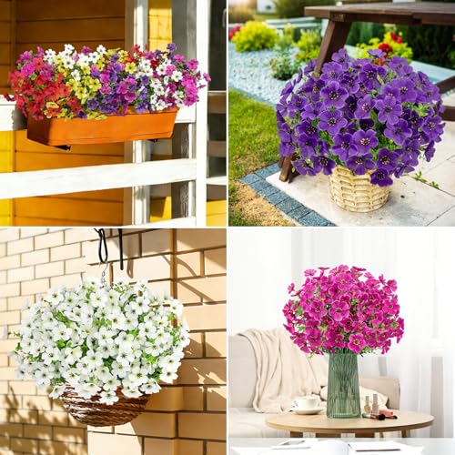 Image of Bassion 20 Bundles Artificial Violet Flowers for Outdoors, Mixed | UV resistant, silk flowers, realistic faux plants, garden patio front porch home outside planter decorations