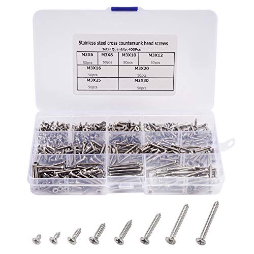 M3 Tornillos, 400 Libras, Tornillos Autorroscante de Cabeza Plana Cruzada, Tornillos de Acero Inoxidable, Cabeza Tornillos Plana para Madera Muebles(M3x6/8/10/12/16/20/25/30mm) Cover