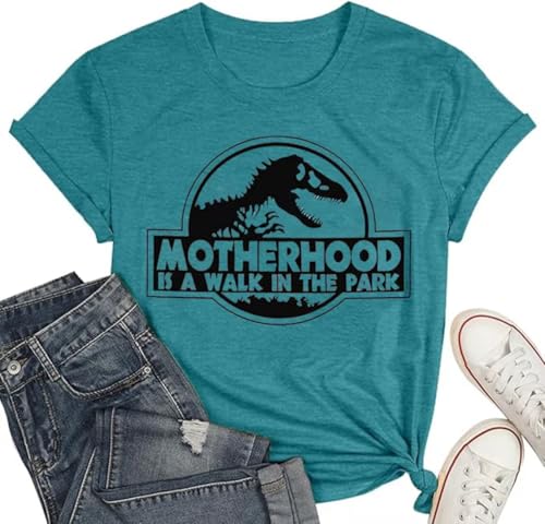 Cute Dinosaur Graphic T Shirt for Women Dino Trendy Mama Saurus Short Sleeve Casual Animal Lover Gift Girl Holiday Tee (Large Cyan-3)