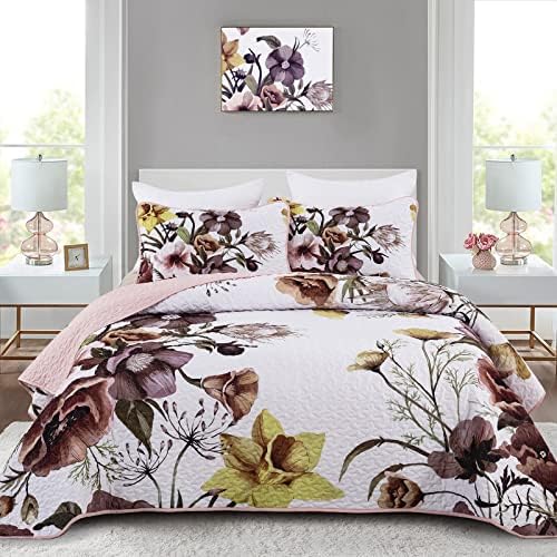 Drucon Floral Quilt Set Queen 3 Pieces Boho Blush Quilt Coverlet Set Soft Microfiber Lightweight Colorful Floral Quilted Bedspread for All Season 90"x96"