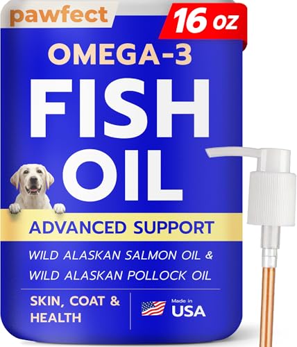 PAWFECTCHEW Fish Oil for Dogs - Natural Omega-3 - Skin & Coat Support - Liquid Food Supplement for Pets - Natural EPA + DHA Fatty Acids for Joints, Immune & Heart Health 16oz - Pollock & Salmon Oil