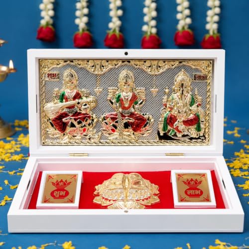 Image of ARNAVIRA Lakshmi Ganpati Sarawati Gold Plated Photo Frame with Charan Paduka Pocket Temple for Diwali Gift, House Warming Gifts, Return Gift Puja Box