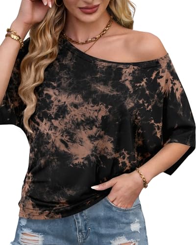 Image of Hilinker Womens Sexy Off The Shoulder Tops Short Batwing Sleeve T Shirt Oversized Casual Tee