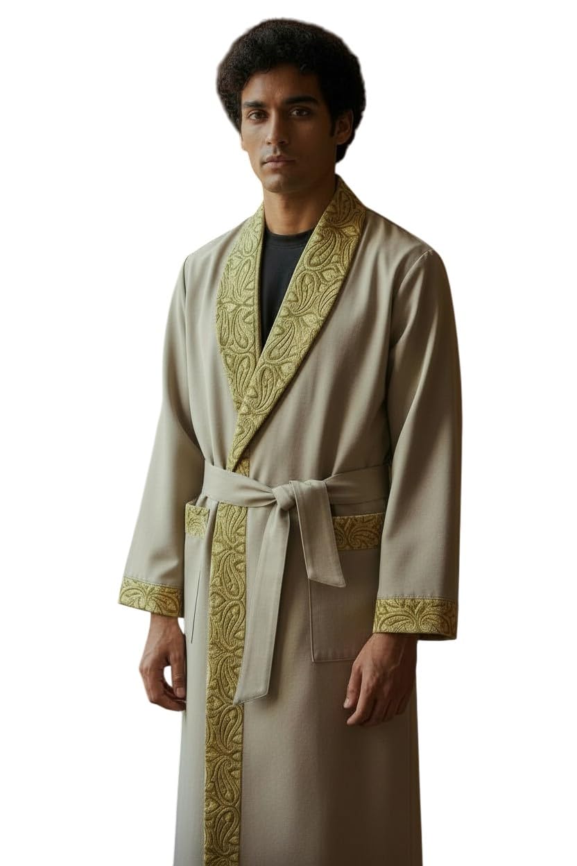 Men Woolen Nightgown Dressing Gown Sleep And Lounge Wear With Kashmiri Charming Embroidery Free Size (1, Biscuit color)