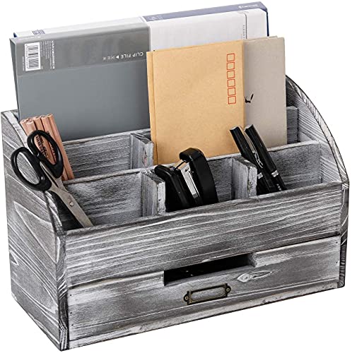 VERGOODR Rustic Wooden Office Desk Organizer 5 Compartment with 2 Drawer &Counter Home Tabletop...