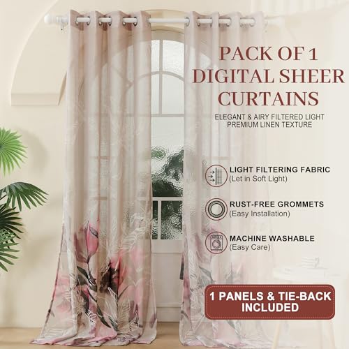 Image of Story@Home Window Curtains 5 Feet Long Set of 2 | Floral Printed | Semi Transparent Curtain | Net Curtains | Sheer Curtain for Living Room | (118 X 152 Cm, Grey & Pink) | Perfect for Home Decor