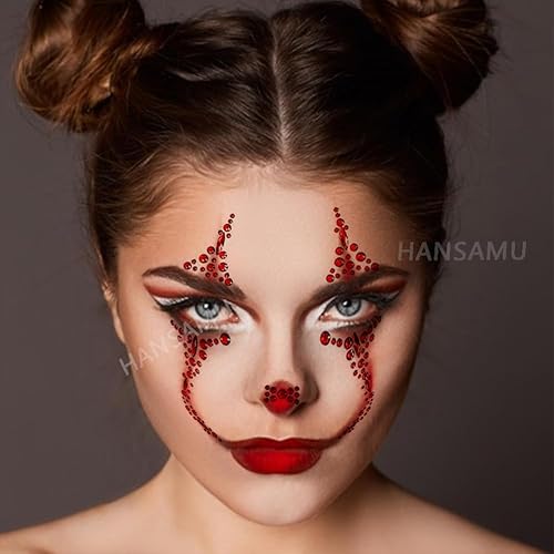 Miniatura 10 de 2 piezas de gemas de cara de Halloween, tatuajes de cara de payaso del día de los muertos, tatuajes temporales de calavera con diamantes de