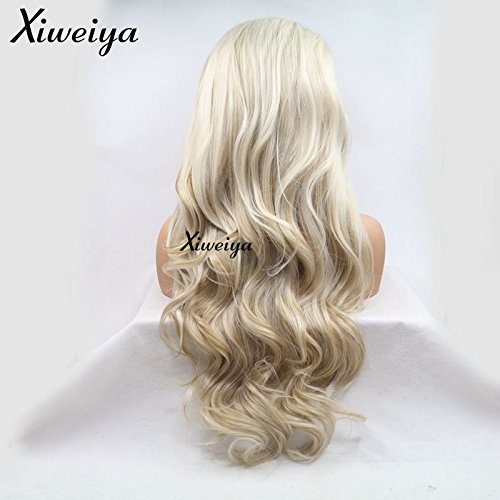 Miniatura 6 de Xiweiya Pelucas largas onduladas de cuerpo mixto, rubio dorado, peluca de encaje frontal, peluca de cabello sintético ondulado natural resistente al