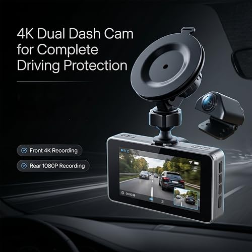 Image of Golens 4K Dash Cam Front and Rear, Super Capacitor, 4K+1080P Dual Car Camera, WiFi App Control, Night Vision, 150 Wide Angle, G-Sensor, 24H Parking Monitor, 3.0 inch IPS, 256GB Support | Q3