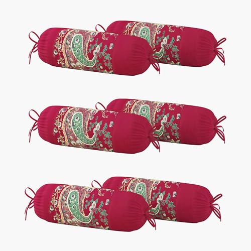 Image of Swayam Set of 6 Pure Cotton Bolster Cover | 30x30 Inch | Soft Breathable Masnad Cover 200TC | Durable & Washable | Ethnic Motif Print Bolster Cover for Diwan, Bed & Sofa - Red