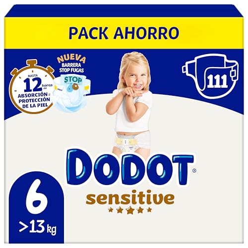 Dodot Pañales Bebé Sensitive Talla 6 (+13 kg), 111 Pañales, Hasta 12 h De Protección Antifugas y Cuidado de la Piel, Pack Mensual