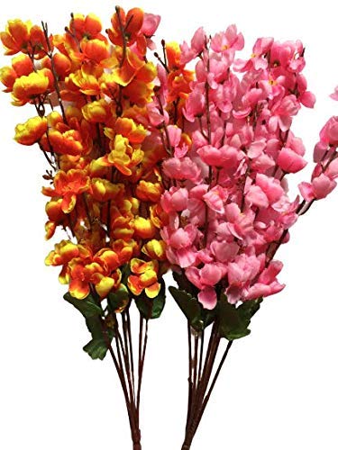 Image of Coolkart Artificial Orchid Peach Blossom Flower, Orange and Baby Pink | Set of 2 Bunch, 14 Stems, Party Decoration, Living Room Decor, Made in India