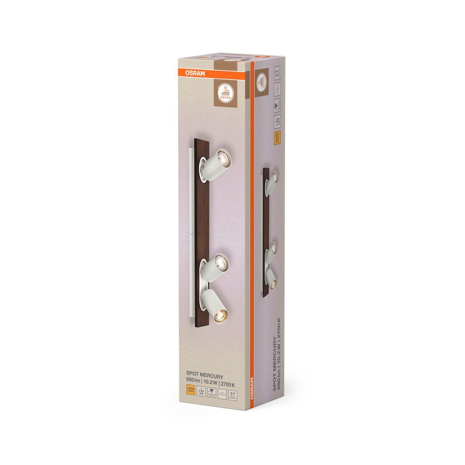 Osram DECOR Spot Mercury, 3 x 3,4 W, 690 lm, effetto legno, bianco, faretto, teste regolabili, versatili, faretto interno, lampadine LED sostituibili, luce bianca calda, GU10