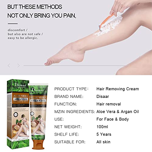 Disaar Beauty Hair Removal Cream 24K Gold Essence Collagen Argan Oil 3 Minutes Quick & Easy To Use Face Body Legs Depilating Moisturizing 100Ml/3.38Fl.oz (Aloe Vera Argan Oil) #TOP1