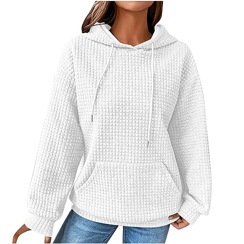 RLEHJN Hoodies for Women UK Waffle Drawstring Sweatshirts with Pockets and Hood Long Sleeve Tops Solid Color Sweaters Casual Hooded Pullover Comfy Loose Fit Hoody Ladies Jumpers Size 8-16 White
