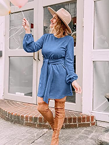 Image of PRETTYGARDEN Womens Spring Elegant Long Lantern Sleeve Short Dress Wedding Guest Crewneck Tie Waist Knit Cocktail Dresses