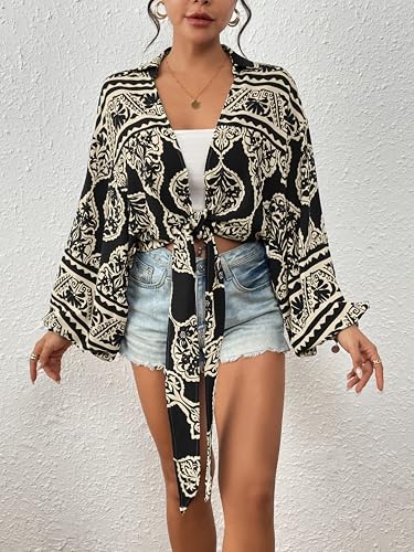 Eddoyee Women's Deep V Neck Tie Front Knot Wrap Tops Long Lantern Sleeve Casual Boho Blouses Loose Tunic Self-tie Shirts3