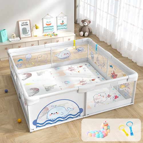 Image of Dawnwake 150x180 cm Playard with Ocean Balls and Anti-Fall Grasp Rings, Large Playpen for Baby up to 5 Years with Safety Lock (NO Mat /Cushion, Non-Foldable) - Grey