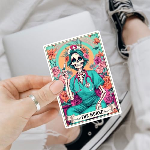 Image of (3PCs) The Nurse Tarot Vinyl Sticker, The Nurse Tarot Card Holographic Stickers, RN Skeleton Hologrpahic Vinyl Stickers, Fun Nursing Decal for Laptop Water Bottle Phone Car Helmet 3 inch (Normal, 3in)