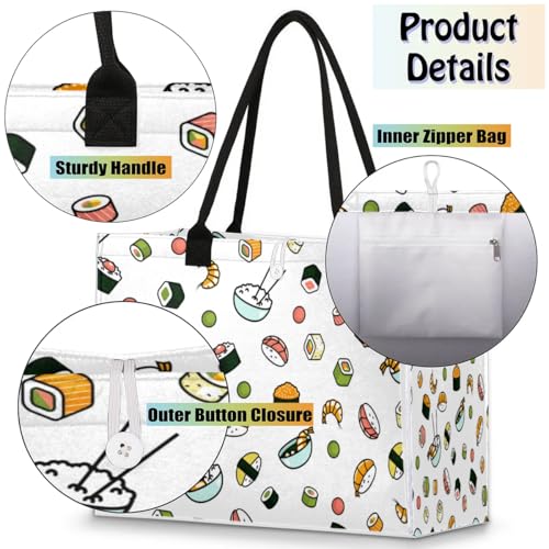 Tote Bag for Women Japanese Food Sushi Large Beach Bag Reusable Grocery Bags Tote Bag for Work Shopping Travel Beach4