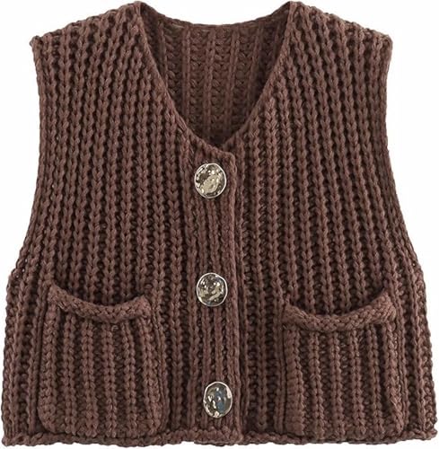 Image of Womens Crochet Chunky Knit Top Sleeveless Button Down Crop Tops Trendy Cardigan Sweater Vest for Women with Pockets (Brown,Small)