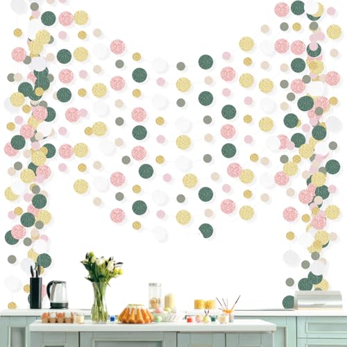 Image of Outus 10 Pieces Colorful Circle Garland Banner Hanging Paper Dot Decorations for Classroom, Birthday Party, Baby Shower, Wedding Backdrop & Photo Booth Graduation Decor (Sage Green,Pink,Gold)