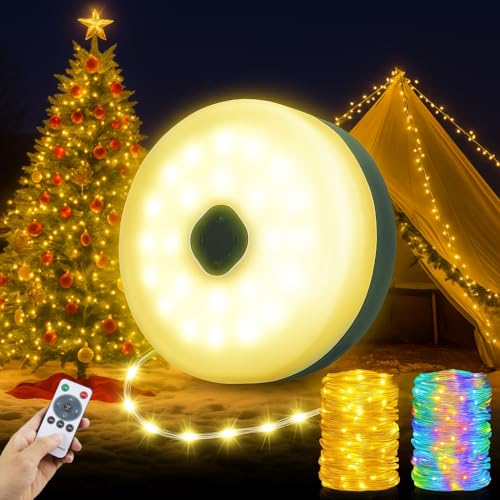 Camping String Lights 33ft 100LED, 4 in 1 Rechargeable 100LED Outdoor Tent String Lights with 14 Lighting Modes Remote Control Waterproof with Timer Function for Camping Gear Essentials Hiking Garden