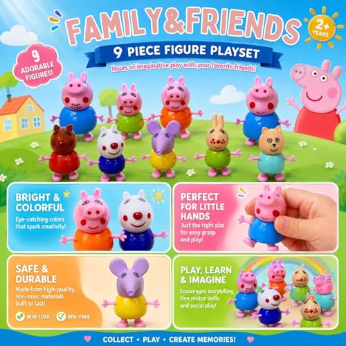 Image of ALCA Peppa Pig Figure Family Set of 9 Pieces | Pretend Play Toy Set with Peppa, George, Mummy Pig, Daddy Pig & Friends | Poseable Family & Friends Action Figures for Kids, Boys & Girls |