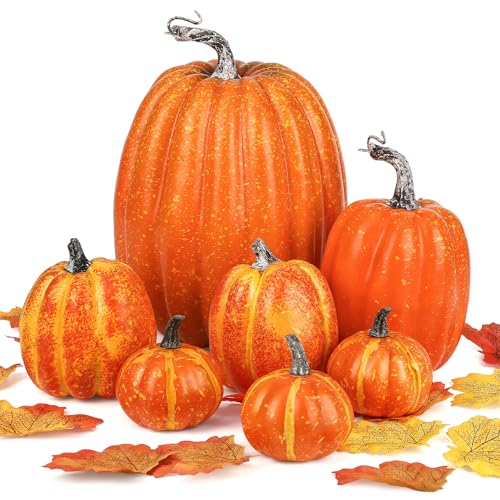 Obcarn Automne Citrouille De Décoration 7 Pièces Citrouille,100 Pièces Feuilles D'érable Et 2 Mètres De Ruban Lumineux pour Maison Jardin Halloween Fête