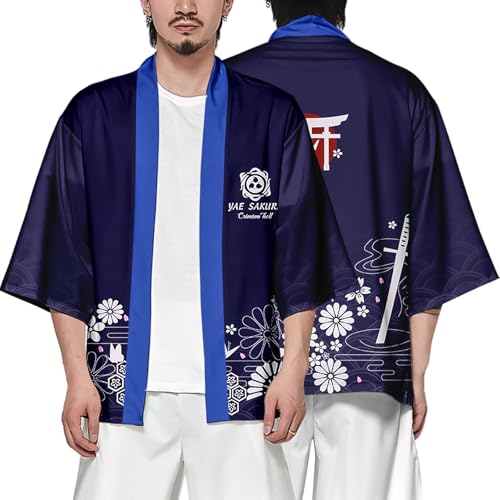 Image of DOSLAVIDA Men's Japanese Kimono Cardigan Suit Chinese Style Printed Jacket Pants Set Open Front Seven Sleeve Top & Shorts
