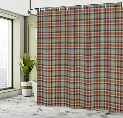 Ambesonne Tartan Shower Curtain, Repeating Geometric Elements Squares And Diagonal Lines Traditional, Cloth Fabric Bathroom Decor Set With Hooks, 69" W X 75" L, Pale Brown Dark Blue #TOP3
