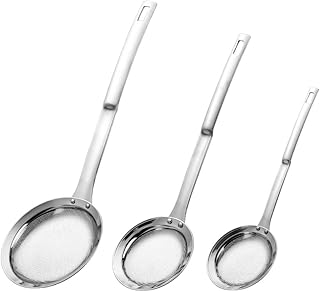 Hvanam Sieve Fine Mesh Strainer Set Stainless Steel Metal Flat Cooking Skimmer Ladle Colander with Handle Food Strainer Ki...