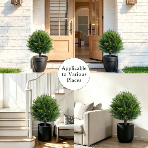 25” Artificial Cedar Topiary Ball Tree, Set of 2 with Ground Spikes, UV Resistant Faux Cypress Plants, Evergreen Shrubs for Outdoor Front Porch Garden Backyard Office Decor