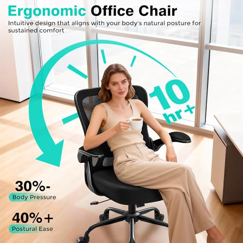 Image of AreShark Office Chair - Ergonomic Breathable Mesh Desk Chair with Adjustable Lumbar Support and Flip-up Armrests - Executive High Back Rolling Swivel Comfortable Computer Gaming Chair for Home Office