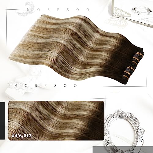 Moresoo Clip in Hair Extensions Roots Dark Brown Ombre Medium Brown with Bleached Blonde Balayage Real Hair Extensions Clip in Human Hair Natural Shadows 14 Inch 5pcs/80g #4/6/613 - Image 2
