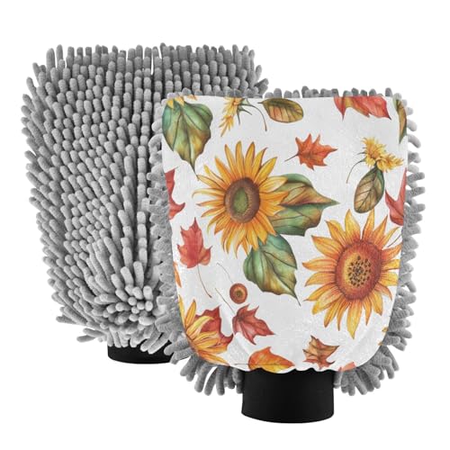 ALAZA Sunflower Maple Leaf Car Wash Mitt Scratch Free, 2 Pack Absorbent Microfiber/Chenille Washing & Drying Mitts, M