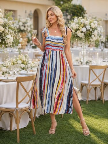 Image of BROVAVE Women Summer Floral Dress: Casual Square Neck Flowy Boho Beach Midi Sundress Sleeveless Tie Shoulder Vacation Daily